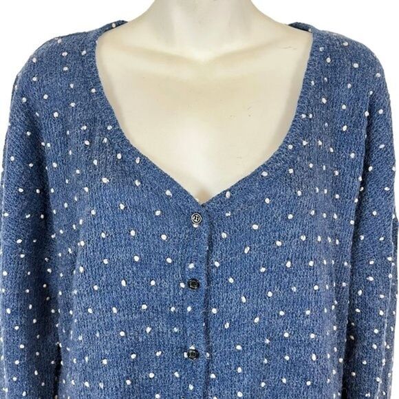 Oddy Womens Blue Swiss Raised Dot Womens Cardigan Sweater Plaid Ruffle V-Neck M - Picture 2 of 16